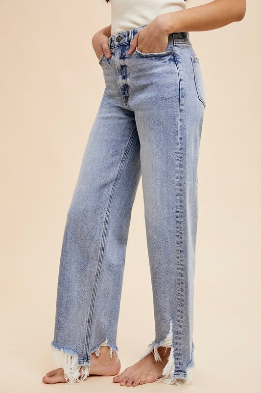 Asymmetrical Distress Hem Straight Denim
