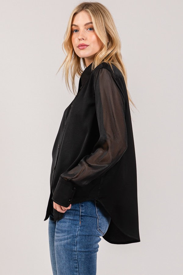 Satin Contrasted Sheer Sleeve Top