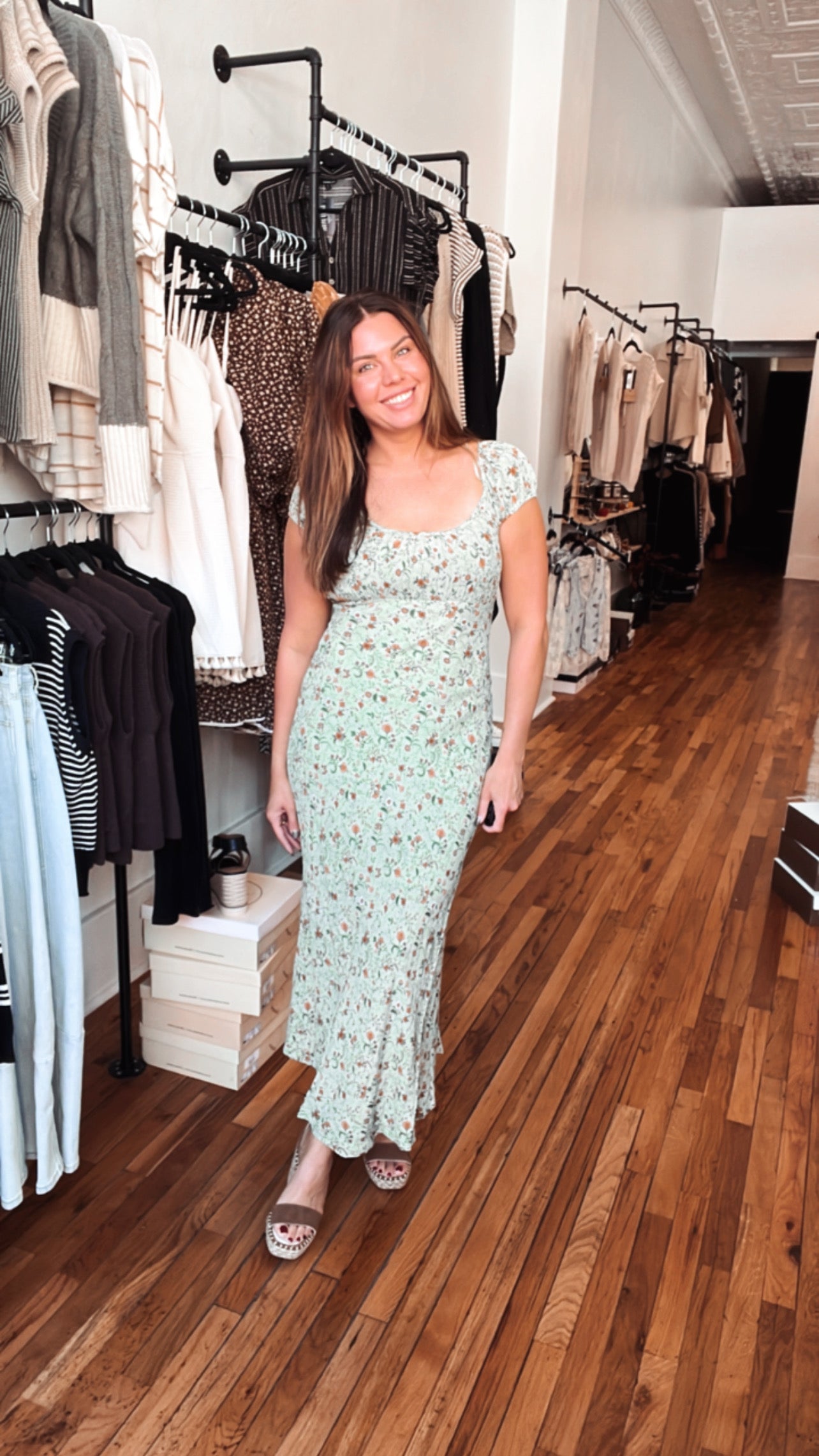 Nandashe Women's Floral Print Midi Dress - Scoop Neck Party Cocktail Dress With 3/4 Sleeves & Pockets