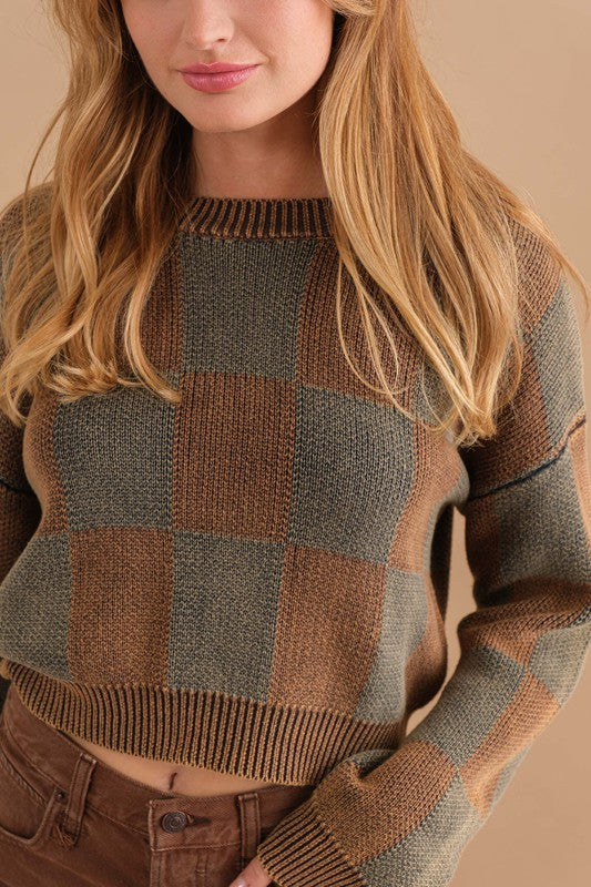 Washed Knit Checkered Sweater