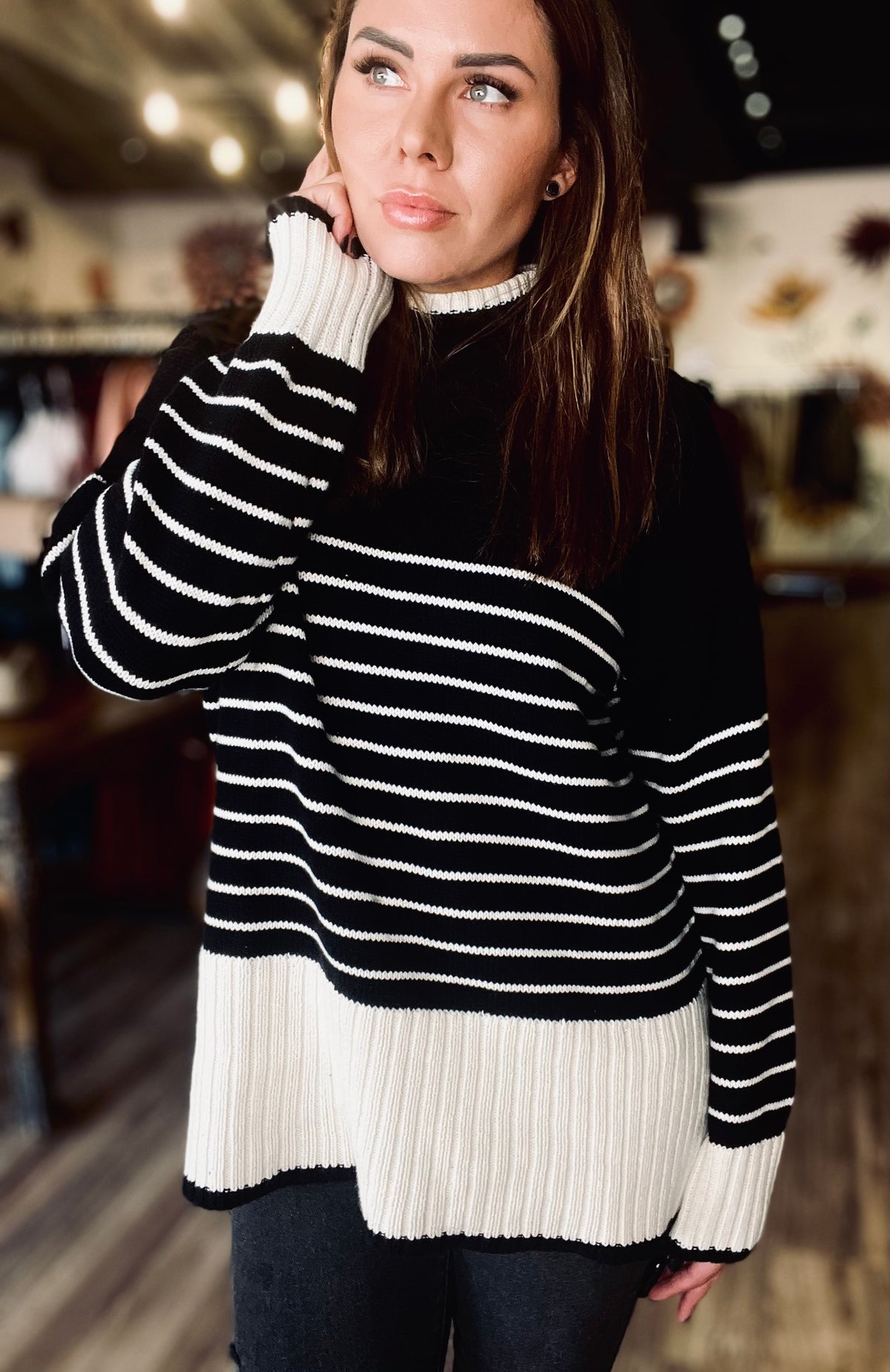 Stripe Contrast Ribbed Hem Sweater