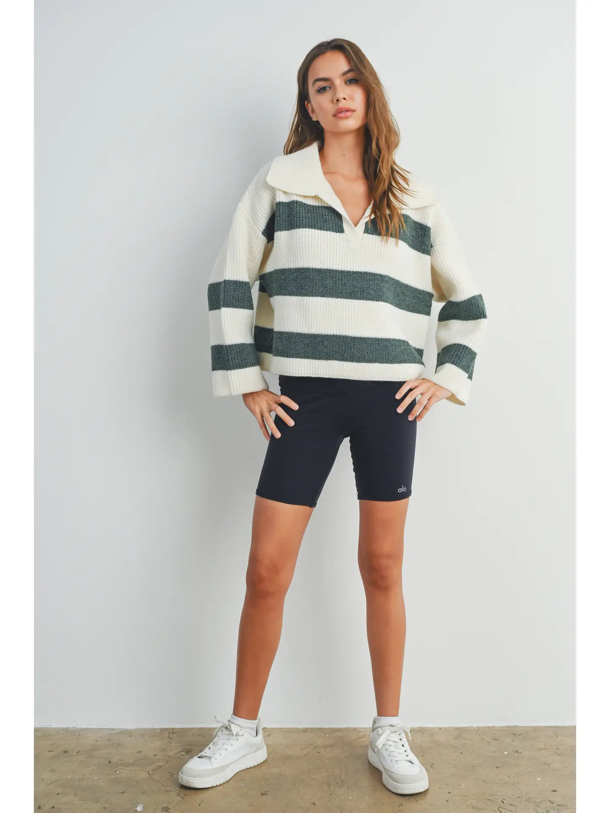 Ivory + Olive Stripe Collar Sweater